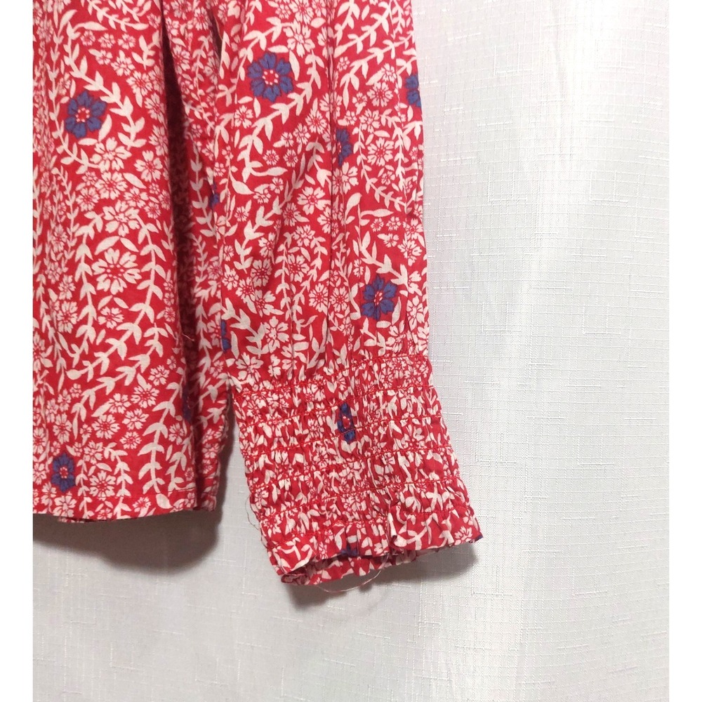 Talbots Womens Large Peasant Top Blouse Red Floral Smocking Red Trim Lightweight - Picture 3 of 8